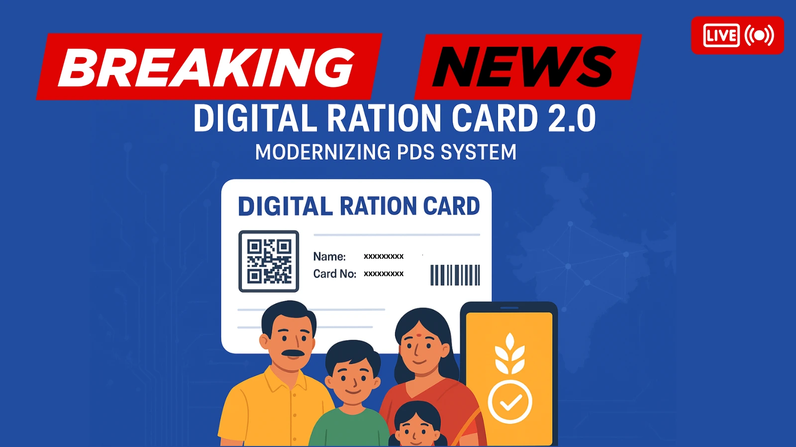 Digital illustration showing a family holding a QR-based digital ration card under the Digital Ration Card 2.0 scheme in India.
