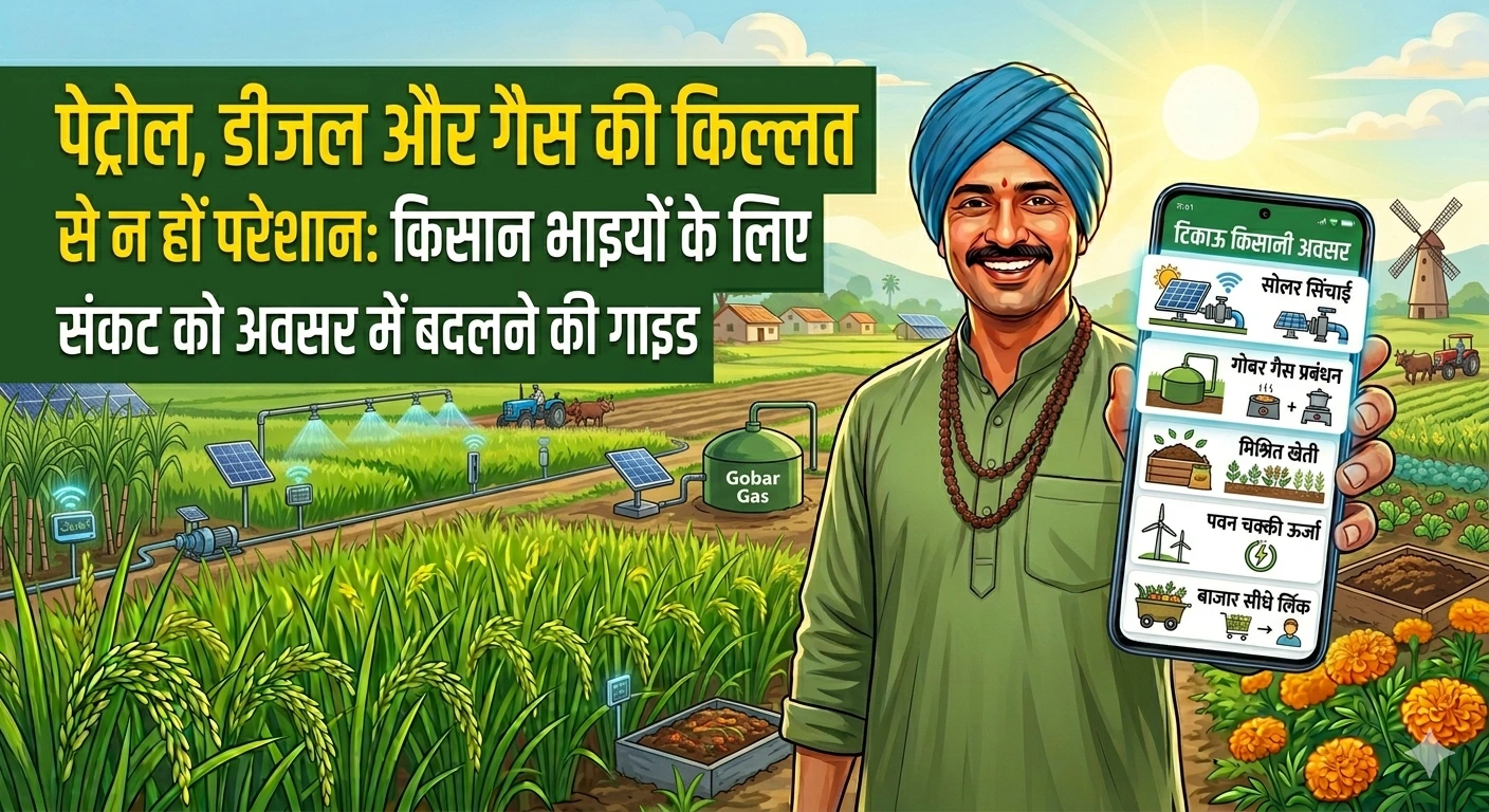 एक किसान शांति से अपने ट्रैक्टर के पास खड़ा है, पृष्ठभूमि में लहलहाती फसल।