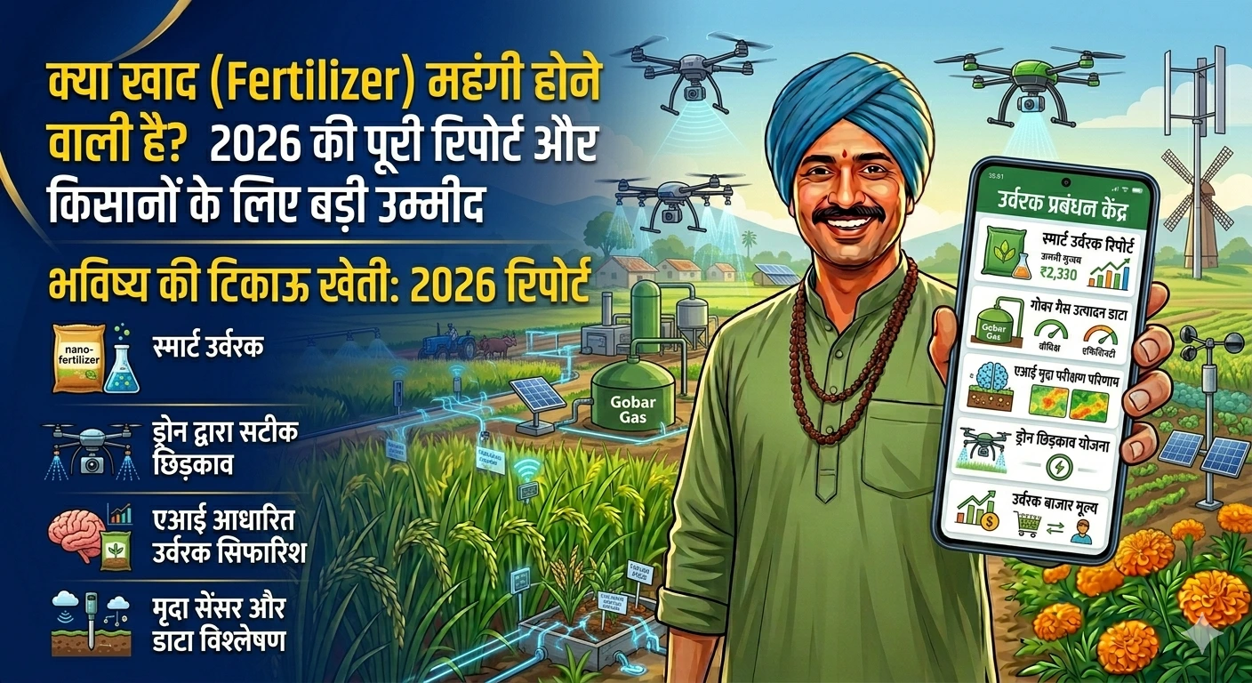 एक भारतीय किसान अपने खेत में खाद डालते हुए और मुस्कुराते हुए।