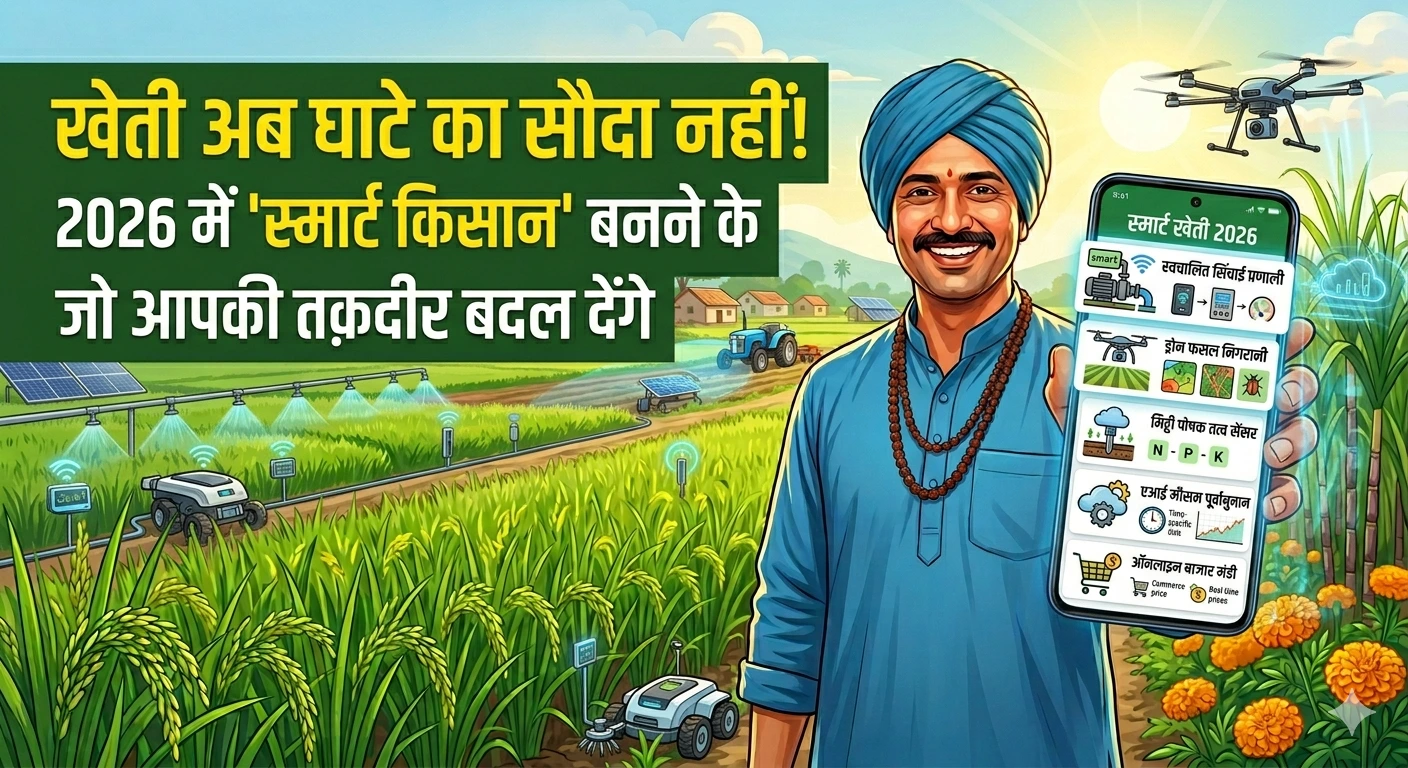 आधुनिक तकनीक से खेती करता हुआ एक खुशहाल भारतीय किसान