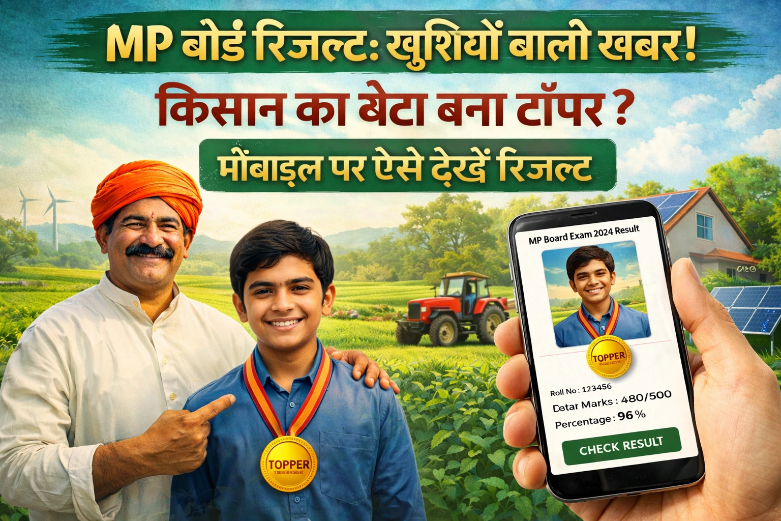 एक किसान और उसका बेटा मोबाइल पर मुस्कुराते हुए एमपी बोर्ड का रिजल्ट देख रहे हैं।