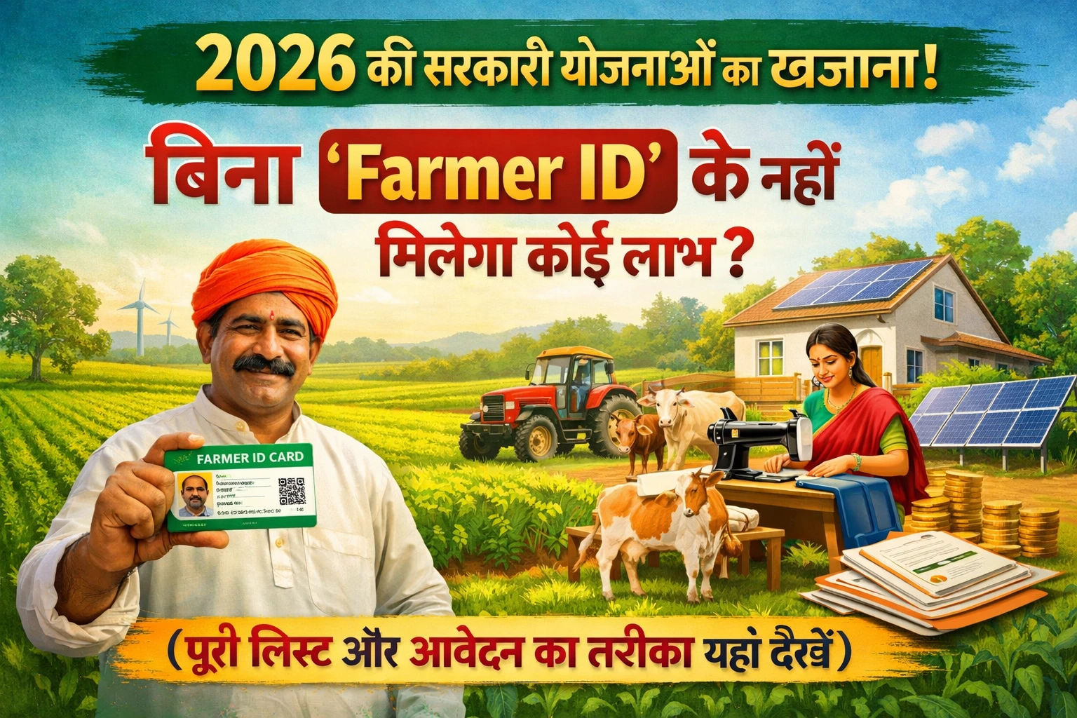 एक भारतीय किसान अपने हाथ में 'किसान पहचान पत्र' (Farmer ID Card) लिए हुए और पीछे आधुनिक कृषि यंत्रों का प्रदर्शन।