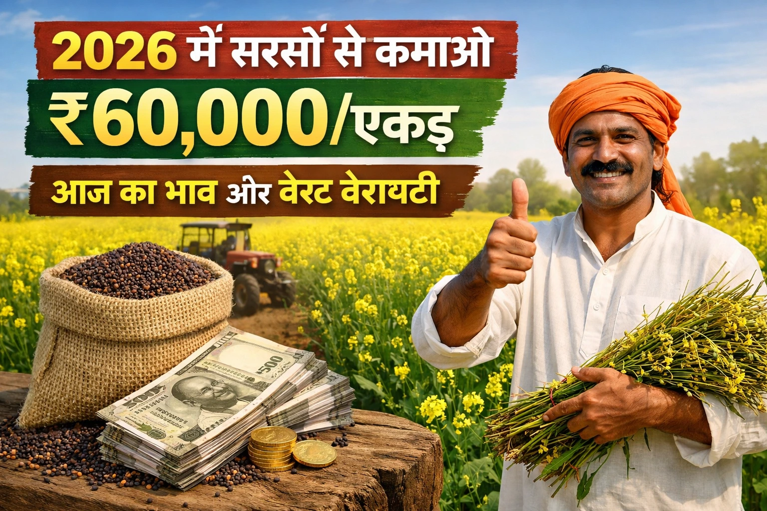 खेत में लहलहाती पीली सरसों की फसल और किसान के हाथ में चमकीले पीले दाने।