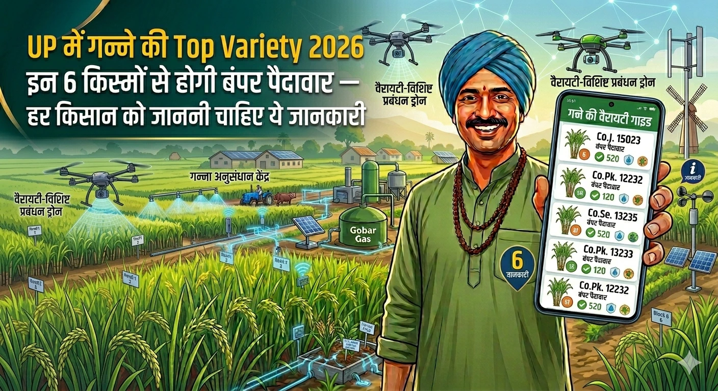 उत्तर प्रदेश के खेत में लहलहाती यूपी में गन्ने की टॉप वैरायटी 2026 की फसल और एक मुस्कुराता हुआ किसान।